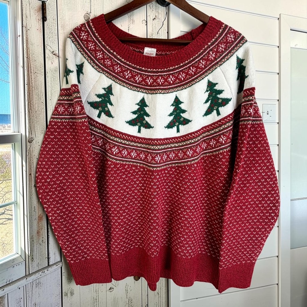 Birdseye Christmas Sweater XXL Red Fair Isle Tree Raglan Nordic Soft Ugly